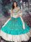 Shining Sleeveless Elastic Woven Satin Floor Length Lace Up Quinceanera Dress in Blue And White with Embroidery and Ruffled Layers