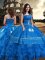 Most Popular Blue Taffeta Zipper Strapless Sleeveless Floor Length Quinceanera Dress Embroidery and Ruffled Layers