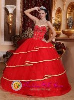 Stylish Red Ruffles Layered Sweetheart Ball Gown Quinceanera Dress With Satin and Tulle Beading Decorate In Wilsonville Oregon/OR