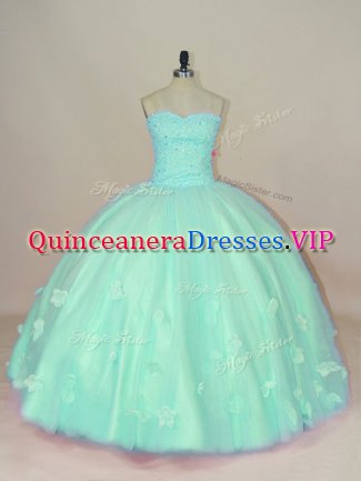 Apple Green Lace Up Vestidos de Quinceanera Hand Made Flower Sleeveless Floor Length