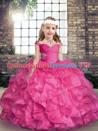 Floor Length Lace Up Kids Formal Wear Hot Pink for Party and Sweet 16 and Wedding Party with Beading and Ruffles