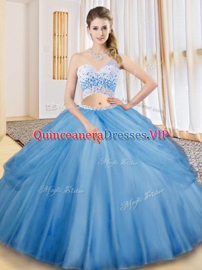 Baby Blue Tulle Criss Cross Sweet 16 Dress Sleeveless Floor Length Beading and Ruching and Pick Ups - Click Image to Close