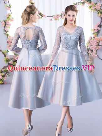 Silver V-neck Neckline Lace Quinceanera Court of Honor Dress 3 4 Length Sleeve Lace Up
