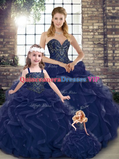 Navy Blue Lace Up Sweetheart Beading and Ruffles Sweet 16 Dresses Tulle Sleeveless - Click Image to Close