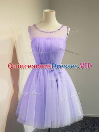 Fashion Lavender Tulle Lace Up Scoop Sleeveless Knee Length Dama Dress Belt