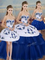 Decent Sleeveless Floor Length Embroidery and Bowknot Lace Up Quinceanera Dresses with Royal Blue