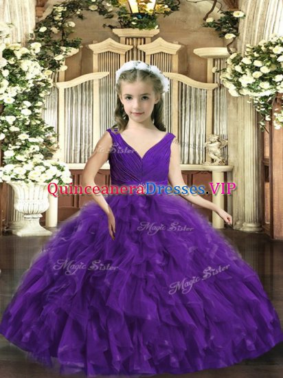 Purple V-neck Neckline Beading and Ruffles Pageant Dress for Womens Sleeveless Backless - Click Image to Close