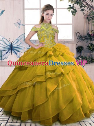 High Quality Brown Quinceanera Gowns Sweet 16 and Quinceanera with Beading and Ruffled Layers High-neck Sleeveless Lace Up