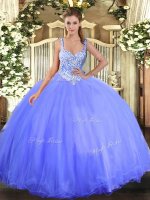 Tulle Straps Sleeveless Lace Up Beading Ball Gown Prom Dress in Blue
