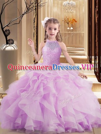 Fashionable Lilac Kids Pageant Dress Party and Sweet 16 and Wedding Party with Beading High-neck Sleeveless Lace Up