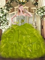 Olive Green Ball Gowns Beading and Ruffles 15 Quinceanera Dress Lace Up Organza Sleeveless Floor Length