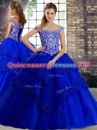 Exquisite Royal Blue Sleeveless Brush Train Beading and Lace Quinceanera Gown