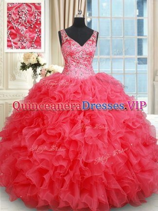 Ball Gowns Quinceanera Dresses Coral Red V-neck Organza Sleeveless Floor Length Backless