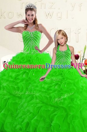 Fashionable Sleeveless Floor Length Beading and Ruffles Lace Up Sweet 16 Dress with Green