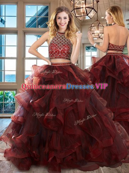 Cheap Burgundy Tulle Backless Halter Top Sleeveless 15th Birthday Dress Brush Train Beading and Ruffles - Click Image to Close