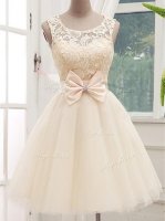 Graceful Champagne Lace Up Vestidos de Damas Lace and Bowknot Sleeveless Knee Length