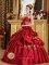 Appliques and Ruched Bodice For Strapless Red Quinceanera Dress With Ball Gown And Pick-ups In Santa Cruz Blivia