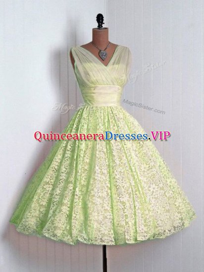 Yellow Green V-neck Lace Up Lace Quinceanera Court of Honor Dress Sleeveless - Click Image to Close