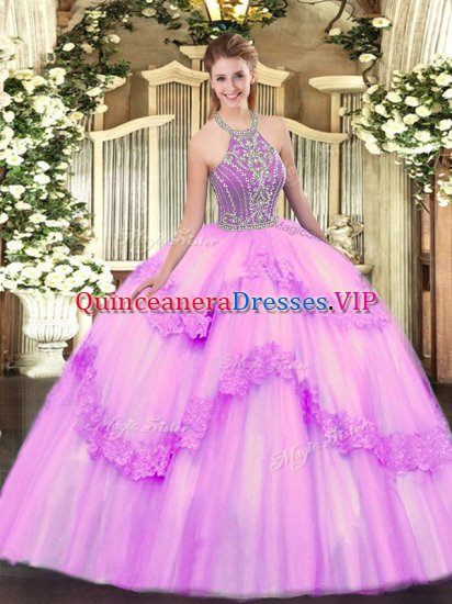Sleeveless Tulle Floor Length Lace Up Quinceanera Dresses in Lilac with Beading and Appliques - Click Image to Close