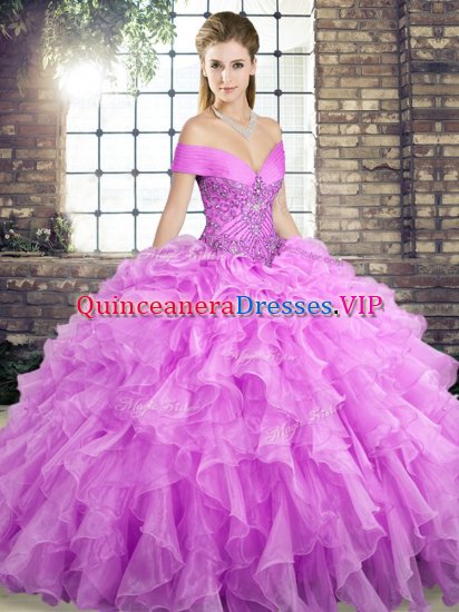 Lilac Sleeveless Organza Brush Train Lace Up 15 Quinceanera Dress for Military Ball and Sweet 16 and Quinceanera - Click Image to Close