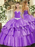 Sweetheart Sleeveless Quinceanera Gown Floor Length Appliques and Ruffled Layers Lavender Organza and Taffeta