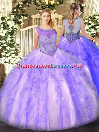 Sleeveless Organza Floor Length Lace Up Quince Ball Gowns in Lavender with Beading and Ruffles - Click Image to Close