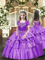 Dazzling Sleeveless Floor Length Beading and Ruffled Layers Lace Up Pageant Dress for Womens with Lavender