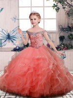 Sleeveless Tulle Floor Length Lace Up Little Girls Pageant Gowns in Peach with Beading and Ruffles(SKU PAG1193-6BIZ)