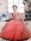 Sleeveless Tulle Floor Length Lace Up Little Girls Pageant Gowns in Peach with Beading and Ruffles