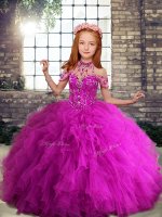 Fuchsia Lace Up Little Girl Pageant Gowns Beading and Ruffles Sleeveless Floor Length