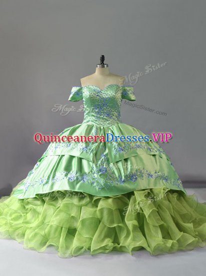 Charming Yellow Green Quinceanera Gowns Sweet 16 and Quinceanera with Embroidery and Ruffles Off The Shoulder Sleeveless Chapel Train Lace Up - Click Image to Close