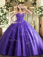 Classical Tulle Sweetheart Sleeveless Lace Up Appliques and Embroidery Sweet 16 Dress in Purple