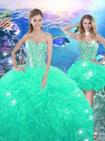 High Low Turquoise Ball Gown Prom Dress Organza Sleeveless Beading and Ruffles