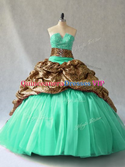 Romantic Turquoise Lace Up V-neck Beading and Pick Ups Sweet 16 Dress Organza Sleeveless Brush Train - Click Image to Close