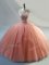 Suitable Peach Tulle Lace Up V-neck Sleeveless Floor Length Quinceanera Gowns Beading