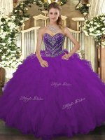 Sweetheart Sleeveless Vestidos de Quinceanera Floor Length Beading and Ruffled Layers Purple Tulle