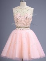 Modern Peach Sleeveless Beading Knee Length Dama Dress for Quinceanera