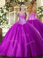 Popular Purple Ball Gowns Tulle Sweetheart Sleeveless Beading Floor Length Lace Up Quinceanera Gown