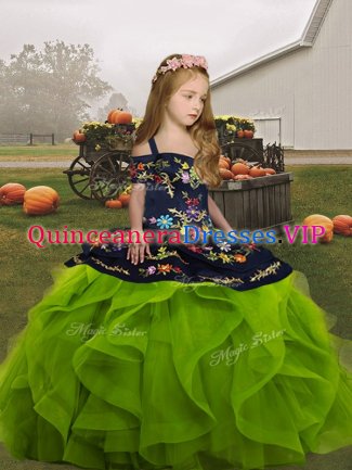 Fashion Olive Green Lace Up Straps Embroidery and Ruffles Pageant Dress Toddler Organza Sleeveless