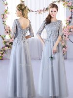 Hot Selling Grey Lace Up Scoop Lace Dama Dress Tulle Half Sleeves(SKU BMT0486CBIZ)