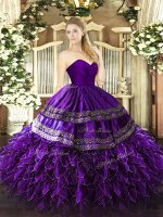 Custom Made Purple Sleeveless Floor Length Embroidery and Ruffles Zipper 15th Birthday Dress