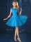 Baby Blue Lace Up Dama Dress Lace and Belt Cap Sleeves Knee Length