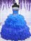 Elegant Pick Ups Ruffled Blue Sleeveless Organza Lace Up Vestidos de Quinceanera for Military Ball and Sweet 16 and Quinceanera