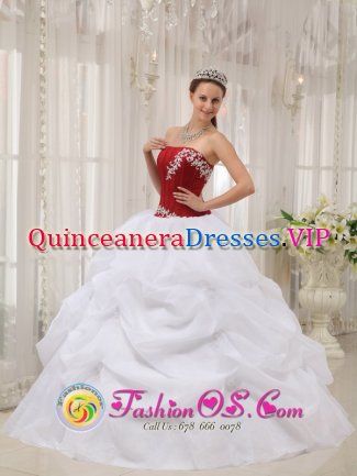 White and Wine Red Appliques Sabana Yegua Dominican Republic Stylish Quinceanera Dress With Strapless Pick-ups