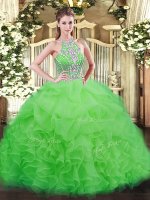 Modest Tulle Halter Top Sleeveless Lace Up Beading and Ruffles Quinceanera Dress in