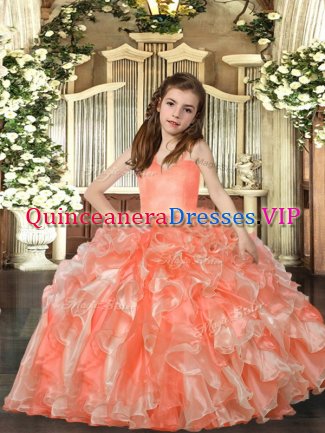 Luxurious Peach Pageant Dress for Teens Party and Wedding Party with Ruffles Straps Sleeveless Lace Up