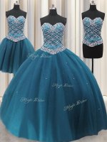 Superior Three Piece Tulle Sleeveless Floor Length Sweet 16 Dresses and Beading and Ruffles