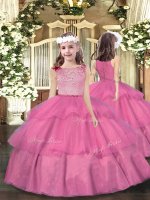 Pink Little Girls Pageant Gowns Party and Sweet 16 and Wedding Party with Beading and Ruffled Layers Scoop Sleeveless Zipper