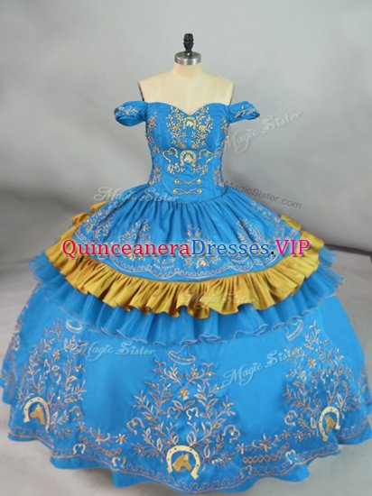 Artistic Embroidery Vestidos de Quinceanera Blue Lace Up Sleeveless Floor Length - Click Image to Close