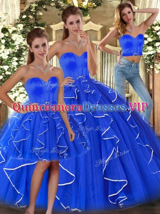 Blue Lace Up Sweetheart Ruffles Sweet 16 Dress Tulle Sleeveless